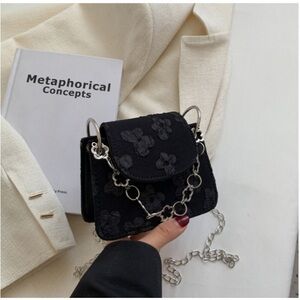 Black Floral Embossed Mini Crossbody Bag with Silver Chain